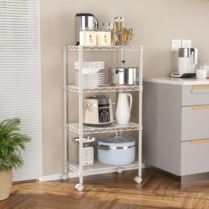 SINGAYE 4 Shelves Storage Shelf Wire Shelving Unit Metal Adjustable Wheels | Small Shelf Storage with Wheels Organizers Closet Unit for Bathroom Laundry Room Kitchen Pantry11.5D x 17.5W x 45H White