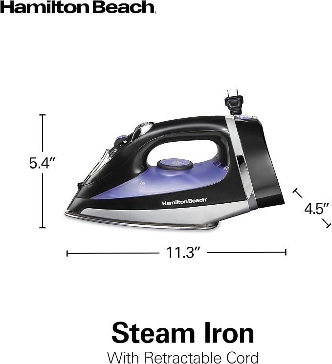 Hamilton Beach Steam Iron for Clothes With Versatile Steam Options | Durable Smooth Press Stainless Steel Soleplate | 1200 Watts, Heat-Up In Under 1 Minute | 8’ Retractable Cord | Black | 14214