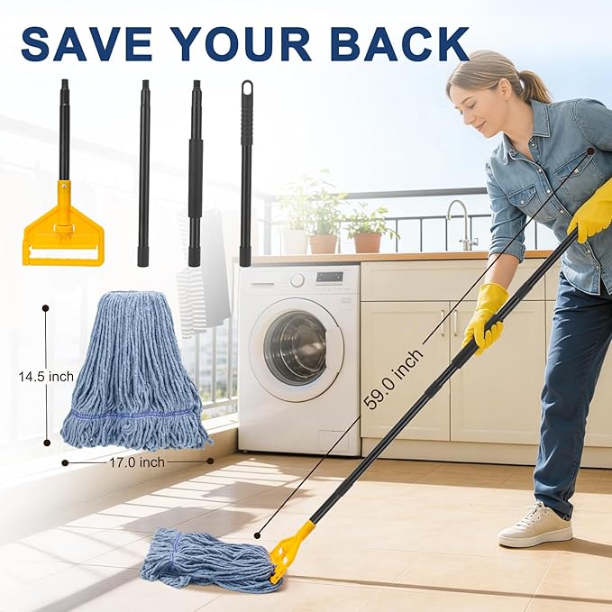 KeFanta 2 Pack Commercial Mop Heavy Duty Industrial Mops,60 inch Long Handle with Looped-End String Cotton Wet mop Head Replacement for House,Kitchen,Laminate,Tile,Vinyl,Hardwood Floor Cleaning(Blue)