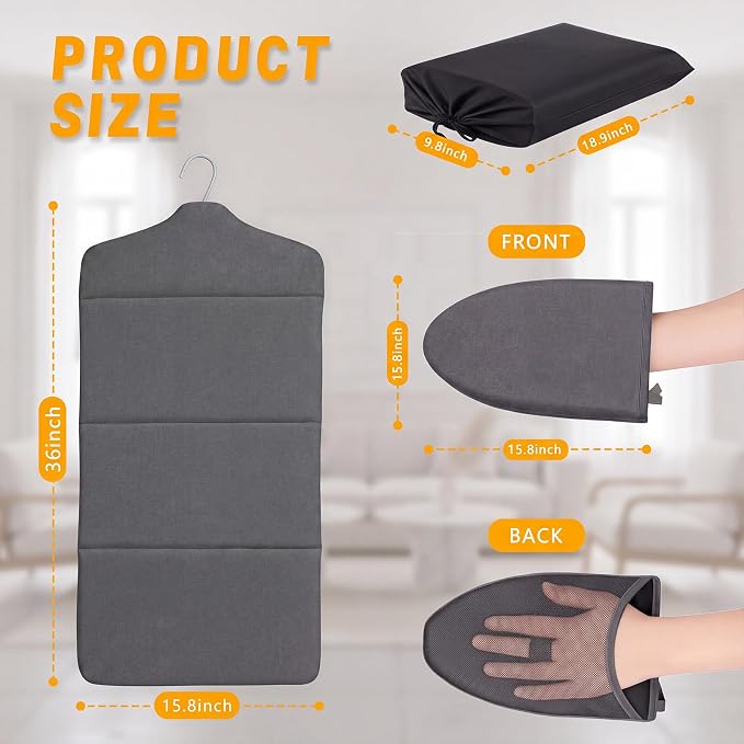 Foldable Steam Board with Ironing Glove Storage Bag 36" x 16" Foldable Steam Board 360° Rotating Hook for High Pressure Clothes Steaming Standing Steamer Home Travel Use (Pepper Black)