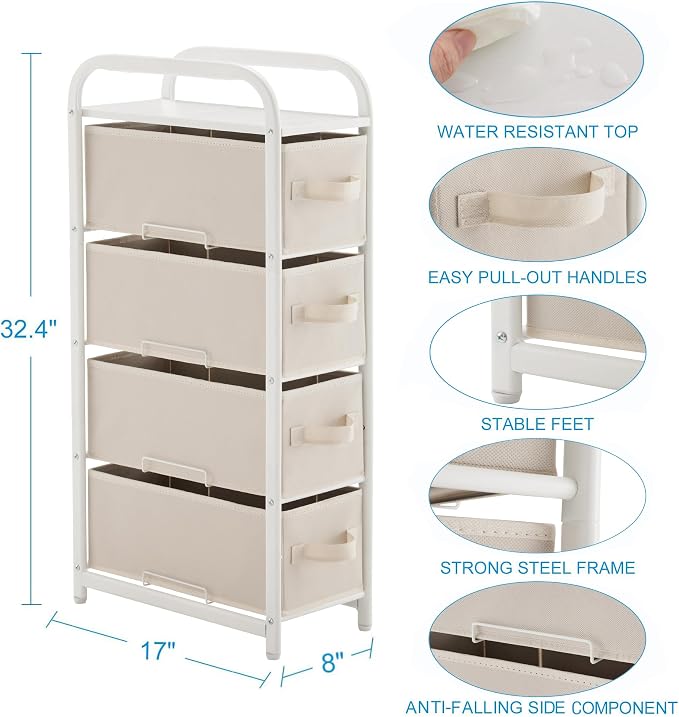MAX Houser 4 Drawer Narrow Dresser Fabric Storage Tower Vertical Slim Storage Chest Organizer Nightstand Side/End Table Small Standing Organizer Removable Drawers Wood Top for Bedroom, Bathroom(Beige)