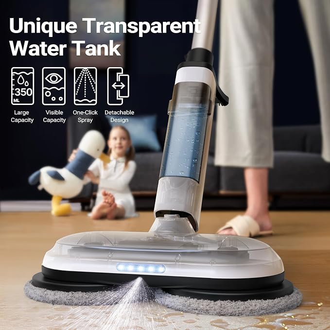 iDOO Electric Cordless Spin Mop, Electric Mops for All Floor with Sprayer & LED Headlight, Quiet Self Propelled, Water Tank 4 Replaceable Heads, for Women