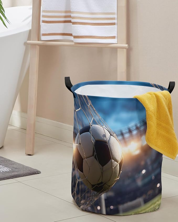 Collapsible Laundry Basket 42L, Football Sports Storage Bin Laundry Hamper with Handles, Football Field Goal Net Soccer Waterproof Clothes Baskets for Bathroom/Bedroom 13.8 x 17 In