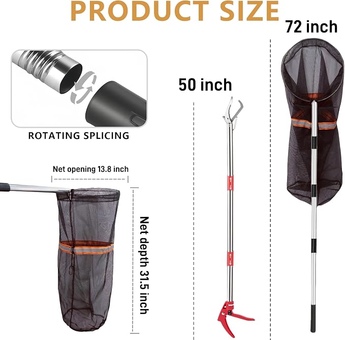 Snake Grabber Tool, 50'' Folding Snake Grabber Tongs with 72'' Detachable Stainless Steel Snake Catching Net for Corrosion Resistance High Load Capacity Easy to Clean and Maintain
