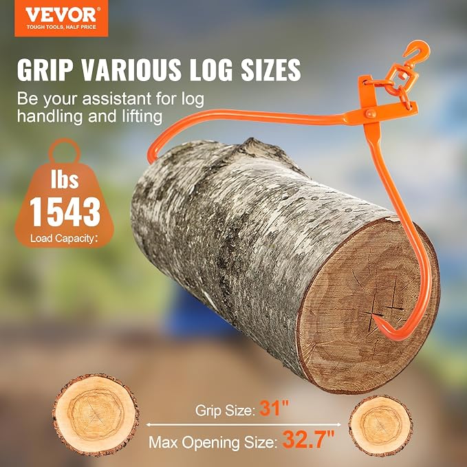 VEVOR Heavy Duty Rotating Steel Lumber Skidding Tongs, 32 inch 2 Claw Log Lifting Tongs, 1543 lbs/700 kg Loading Capacity