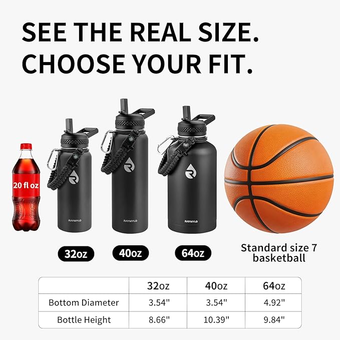 RAYMYLO Insulated Water Bottle 64 oz, Triple Wall Vacuum Stainless Steel (Cold for 48 Hrs), Leak Proof & Non-BPA, Half Gallon Water Flask Jug with Paracord Handle & Straw Spout Lids, Dark Gray