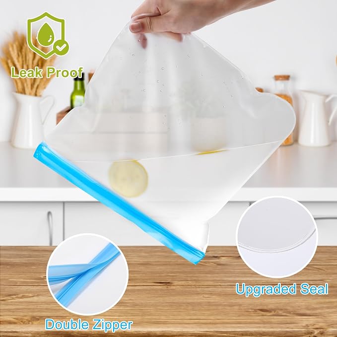 Lerine 5 Pack Reusable 2 Gallon Freezer Bags Dishwasher Safe | 13"x15.6" Large Capacity, BPA-Free, Food-Grade Material, Freezer Safe, Leakproof, Double-Seal, for Marinate Meats, Vegetables