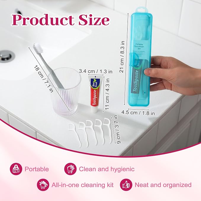 Travel Toothbrush Kit Includes Travel-Sized Toothbrushes, 25g Travel Toothpaste, 5 Floss Picks, a Travel Toothbrush Holder, Ideal for Home, Hotels (Blue, Green, Pink, Black, 4-Pack)