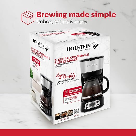Holstein Housewares 5-Cup Programmable Coffee Maker, 25oz Drip Coffee Machine with Auto Brew Timer, Pause & Serve, Compact Design – Perfect for Home, Office & Dorm Use, Black