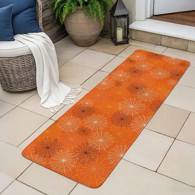Orange Halloween Bathroom Runner Rugs Non Slip Washable Absorbent Narrow Long Bath Mat Black White Net Halloween Runner Rugs for Kitchen Hallway Bedroom Laundry Study Room 15.7"x47.2"