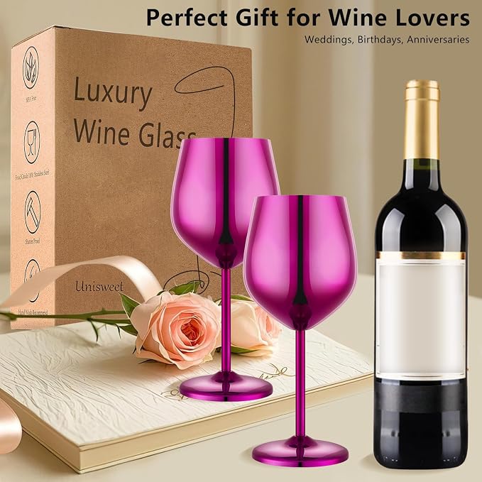 UNISWEET Unbreakable Stainless Steel Wine Glasses Set of 2, Purple | 17oz Unique Fancy Metal Wine Goblets, Shatterproof, Ideal for Outdoor, Camping, Travel, Pool, Great Gift for Wine Lovers