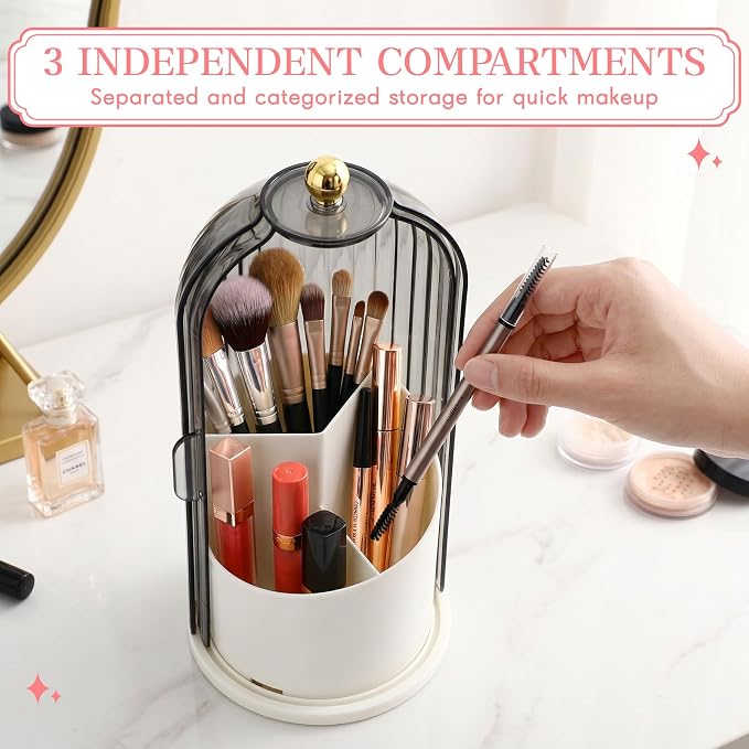 Novabright 4 Pack Makeup Brush Holder with Lid 360° Rotating Makeup Brush Organizer with 3 Compartments Dustproof Cosmetic Storage for Vanity Bathroom Countertop(Transparent Black)