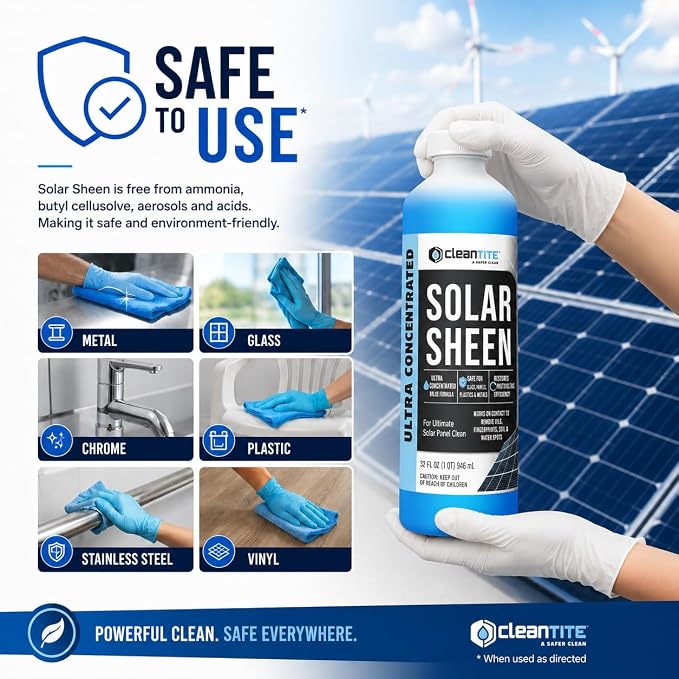 Solar Panel Cleaner 32 Oz (Makes 128 G) - Super Concentrated Cleaning Solution for Glass, Metal, Wood & Plastic - Remove Oil, Fingerprint & Water Spots - Multipurpose Solar Panel Cleaning