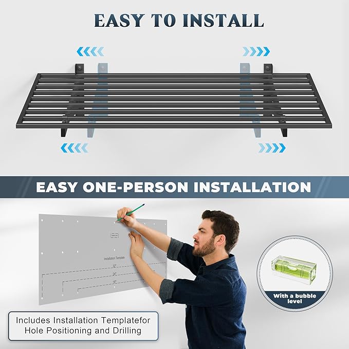 Jusgym 2-Pack 2x4ft Garage Shelving Wall Mounted, Heavy Duty Garage Wall Shelving with Hooks, 500 lbs Capacity Industrial Storage Shelves for Garage Organization