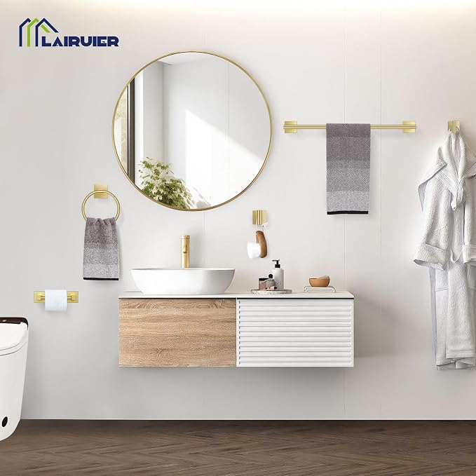 Lairuier 5 Pieces Bathroom Hardware Set Brushed Gold Towel Bar Set Includes 23.6” Towel Bar, Towel Ring Holder, Toilet Paper Holder and Two Towel Hooks, Bathroom Accessories Set SUS304 Wall Mounted