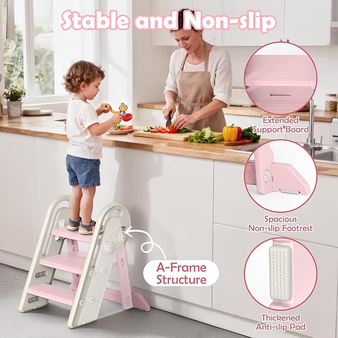 Onasti Foldable Step Stool for Kids & Toddlers, 3 Step Convertible to 2 Step with Handles, Training Stool for Bathroom Sink & Kitchen Counter, Non-Slip Stable Step Stool for Growing Children- Pink