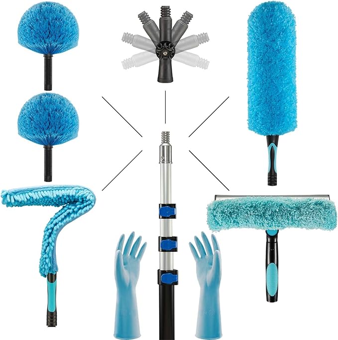 30ft 2 Cobweb Dusters, 24ft Extension Pole, High Ceiling Cleaning Tool | Fan Cleaner , 3-in-1 Window Squeegee Kit, Heavy Duty, Household Cleaning Gloves