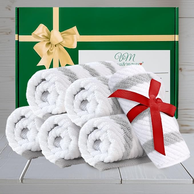 VOOVA & MOVAS Wash Cloths 4PC, 100% Cotton, 13x13 in, Gray White | Thick, Quick Dry, Soft, Absorbent, Dorm Room Essentials, Great For Bathroom, Travel, Gym