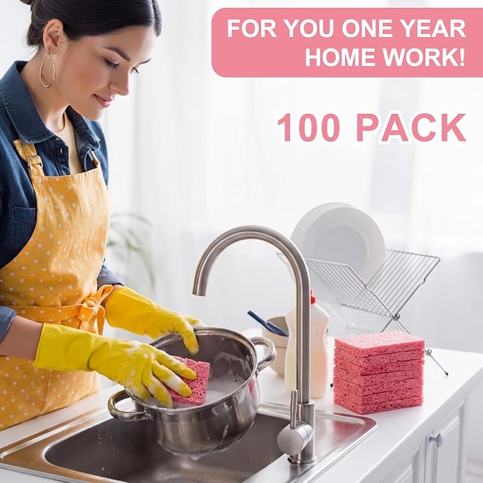Zhengmy 100 Pieces Sponges Bulk Sponges Kitchen Compressed Sponge Natural Dish Sponge Compressed Wood Pulp Cleaning Without Scratching for Kitchen Bathroom, 3.9 x 2.4 x 0.12 Inch (Pink)