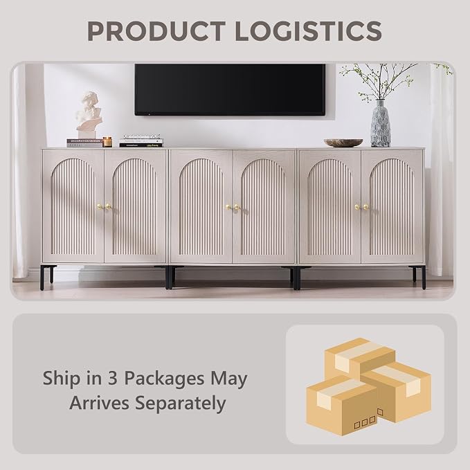 IFGET 92.63"W Modern Arch Sideboard Buffet Cabinet with Storage, Light Grey | Fluted Arched Sideboard Cabinet w/Adjustable Shelves, Wood Modular Kitchen Cabinet for Dining& Living Room, Kitchen, Entryway