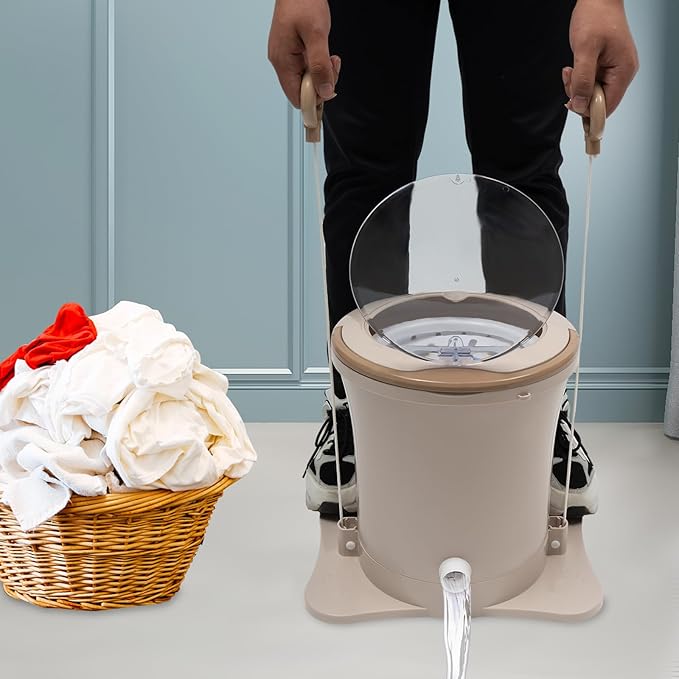 2.4Gal Manual Clothes Dryer Portable Mini Dryer for Clothes, Foot Powered Compact Spin Dryer Machine, Non Electric Laundry Dryer for RV, Camping, School, Apartment, Dorm (Khaki)