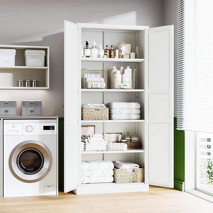 White Storage Cabinet with Adjustable Shelves-Metal Home Kitchen Pantry Cabinets with Doors,Organization Locker for Cupboard/Bedroom/Dining/Living/Bathroom/Office/Garage Room