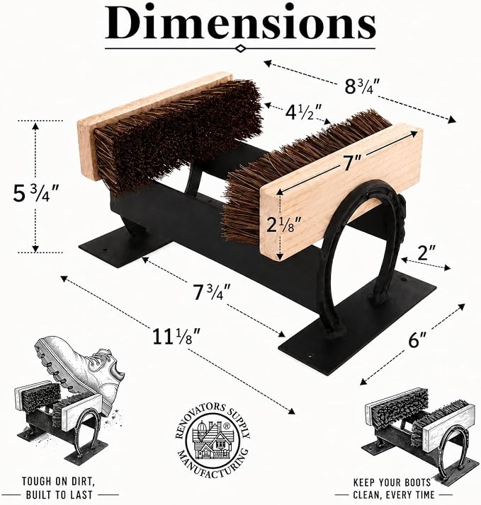 Renovators Supply Cast Iron Horseshoe Boot Scraper with Brushes | Decorative horseshoe design • Pre-assembled for convenience • Suitable for porches and entryways