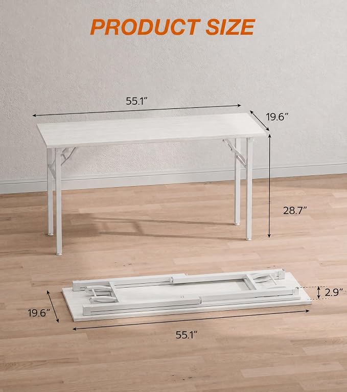 XBurmo Folding Desk Foldable Table, No Assembly 55.1" Foldable Desk Space-Saving Workstation for Small Space, Computer Table, Flat Storage for Home Office, Bedroom, Dorm, Study Room, White Ash