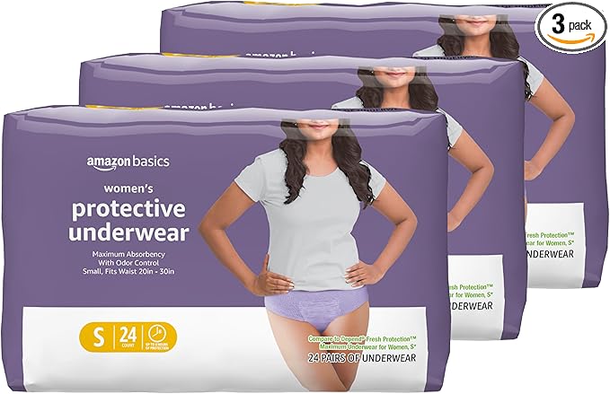 Amazon Basics Incontinence Underwear for Women, Disposable, Postpartum, Maximum Absorbency, Bladder Leak Protection, Odor Control, Comfortable Fit, Small, Lavender, 72 Count (3 Packs of 24)