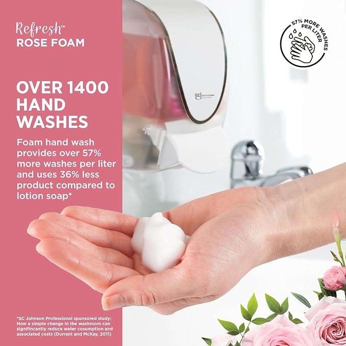 SC Johnson Professional Rose FOAM Dispenser and Refill Starter Kit, Wall Mount Soap Dispenser for Hand Soap, 1 Refresh Rose FOAM Hand Wash, 1 Liter Cartridge, 33.8 fl. oz., for Professional Use Only