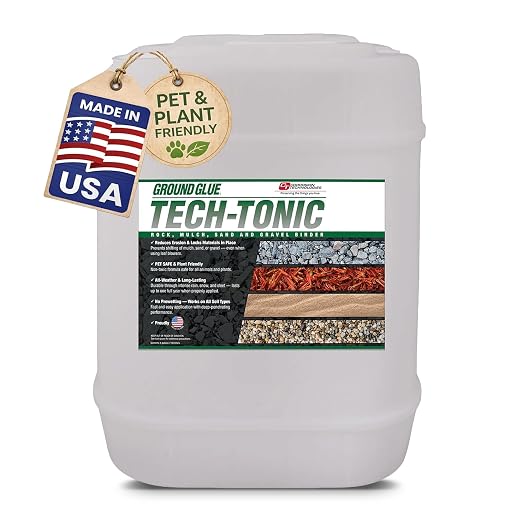 Ground Glue Tech-Tonic Landscape Adhesive, 5 Gallon Tote | For Rock, Mulch, and Sand, Long-Lasting Stabilizer for Trails & Slopes, Pet-Safe Binder for Pea Gravel, Bark & Flower Beds