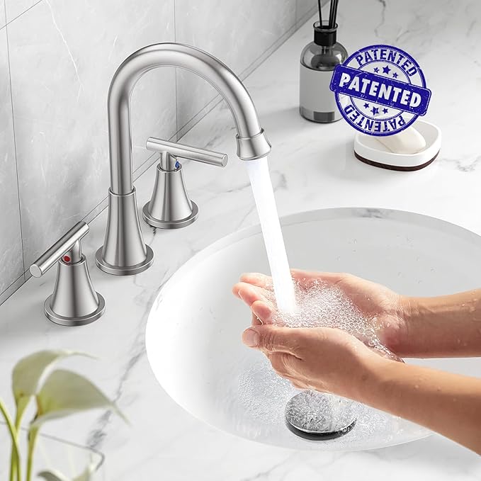 Bathroom Faucets for Sink 3 Hole, Hurran Brushed Nickel Bathroom Sink Faucet with Pop-up Drain and Supply Lines, Stainless Steel Lead-Free Widespread Faucet for Vanity RV, 2 Pack