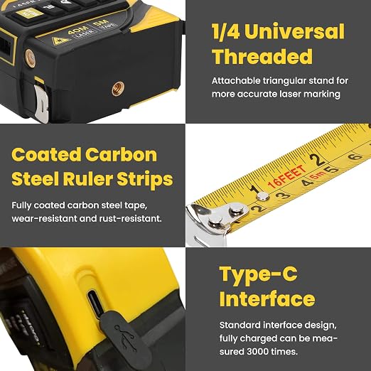 4-in-1 Laser Tape Measure with Level and Crosshairs, 16FT AutoLock Measuring Tape and 130FT Laser Measurement Tool with Large LCD Display, Area, Volume, Pythagorean, Cosine