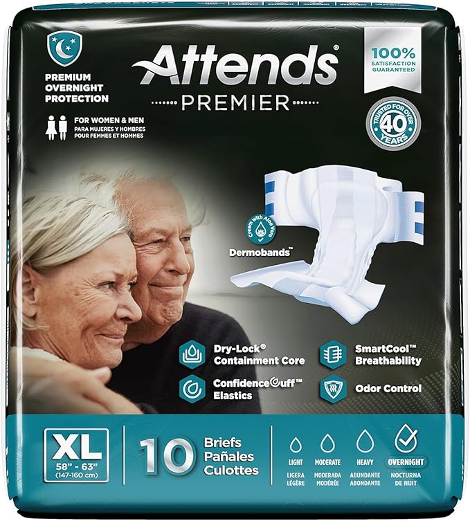 Attends Premier Adult Disposable SmartCool® Briefs, X-Large, 58-63" High-Rise Waist Tab Closure, Premium Overnight Dry-Lock Protection, Odor Control, 10ct Bag
