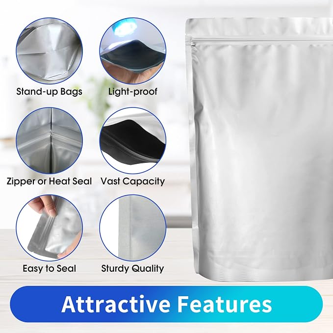 15 Mil 5 Gallon Mylar Bags for Food Storage with 2500cc Oxygen Absorbers - 55 Pack Mylar Bags Include 5 Gallon, 1 Gallon,1 Quart, 100 Pcs Labels and 500cc Oxygen Absorbers for Long Term Food Storage