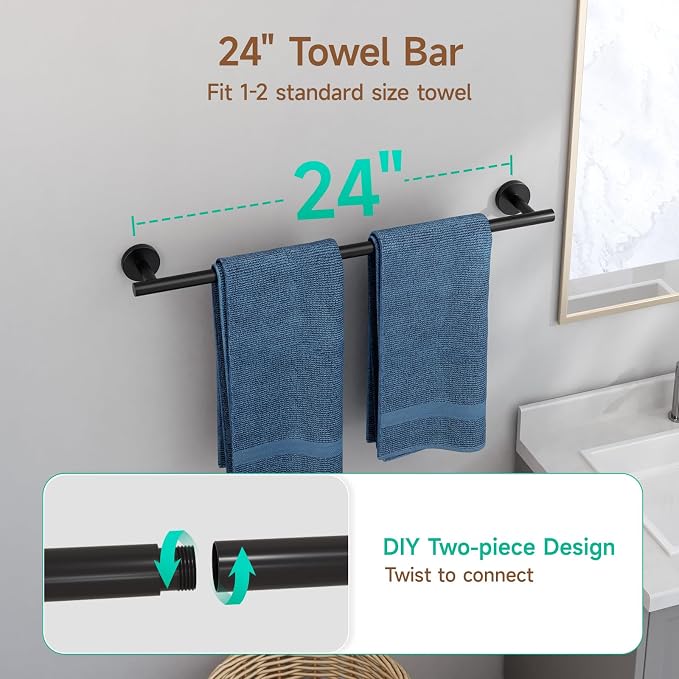 USHOWER Matte Black Bathroom Hardware Set, Modern 24-Inch Towel Bar Set Wall Mounted, Durable SUS304 Stainless Steel Bathroom Accessories Set, 8-Piece