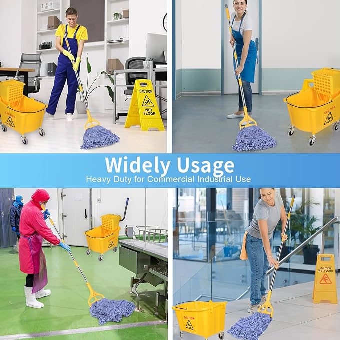 Side Press Wringer Combo Commercial Mop Bucket on Wheels, Including 1 Set Commercial Mop Handle with 1 Pack Blue Mop Heads, 35 Quart, Yellow Bucket