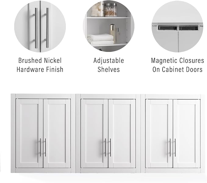 Crosley Furniture Savannah 3-Piece Wall Storage Cabinet, Cabinets for Laundry, Bathroom, Kitchen, White