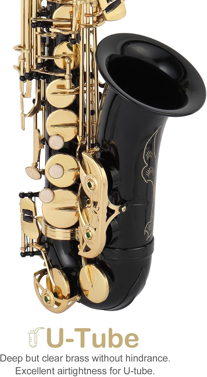 E Flat Alto Saxophone, Brass Sax with Carry Case, Black | Saxophones Include Mouthpiece, Cleaning Brush, Cloth, Strap Accessories, For Beginner Student and Professional