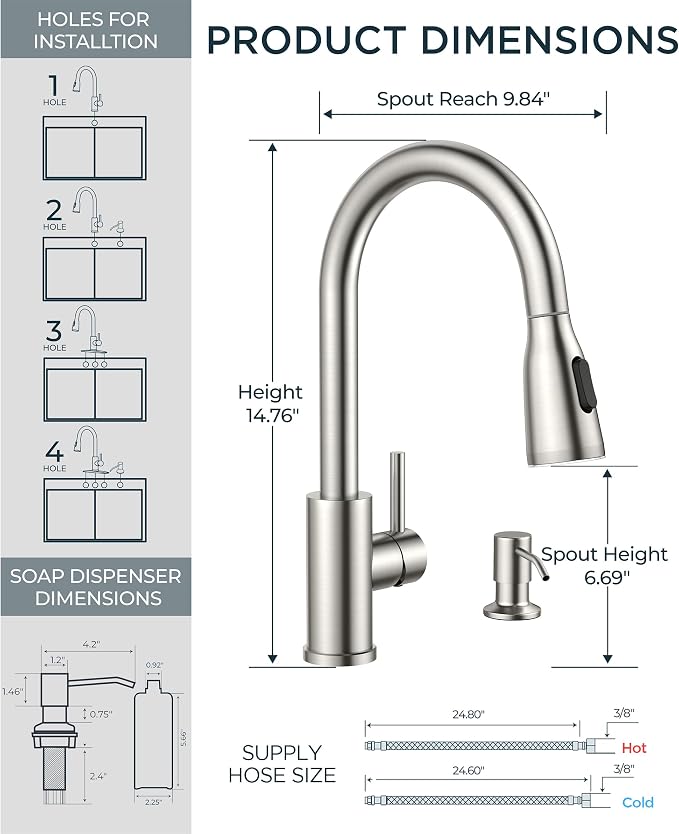 FORIOUS LED Kitchen Faucet with Soap Dispenser, Pull Down Sprayer, Brushed | Stainless Steel Single Handle, Transitional Bar Sink Faucet with LED Light Sprayer, Suitable for Outdoor Rv Laundry Camper