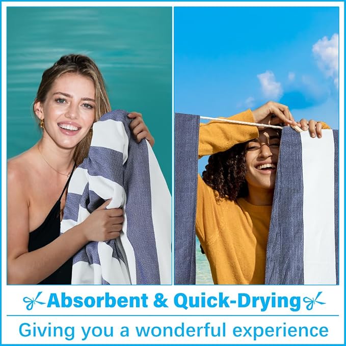 Vikumond Turkish Beach Towel Blanket Oversized 88x82 Inch Quick Dry Blue | Lightweight Compact Portable Sand Free Absorbent Boho Woven Throw for Pool Swimming Picnic Camping Cruise Outdoor Essentials