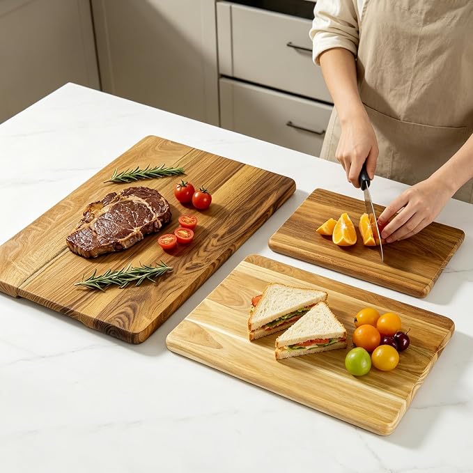 Teak Wood Cutting Boards for Kitchen (Set of 3), No Juice Groove Chopping Board Charcuterie Cheese Board with Storage Stand