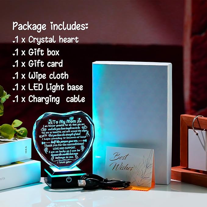 Arikyrist Mothers Day Mom Gifts from Daughter Heart Crystal Keepsake to My Mom with Colorful LED Light Base Best Mom Ever Gifts on Birthday Rrtirement Anniversary