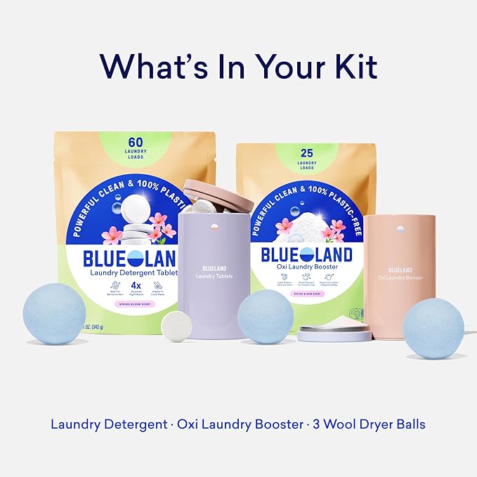 BLUELAND Laundry Essentials Kit, Spring Bloom - Plastic-Free Laundry Detergent Tablets, Oxi Booster, and Reuseable Natural Wool Dryer Balls