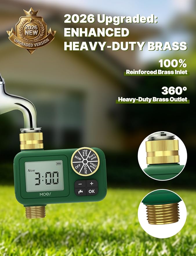 MOES 1 Zone Water Timer for Garden Hose, 3/4 in Brass Inlet and Outlet, Battery Operated Sprinkler Timer, Programmable Faucet Valve, Rain Delay, Manual Watering, Non-WiFi