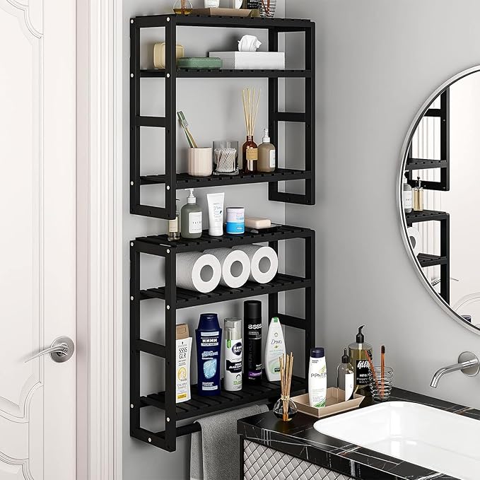 Galood Over The Toilet Storage Bathroom Shelves Wall Mounted 3 Tier Space Saver Corner Shelf Organizer Bamboo Towel Rack Toilet Paper Cabinet with Hanging Rod Black Sets