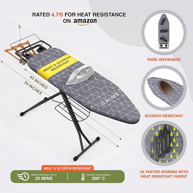 Ironing Board 43" x 13" Foldable with Wall Hanger, Full Size | Heavy Duty, Height adjustable, full-metal frame, heat-resistant cover, iron rest, anti-slip feet