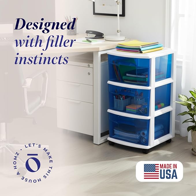 HOMZ Drawer Tower, 3-Tier Clear Blue Plastic Storage Organizer Cart, White Frame - Rolling Drawer Containers with Wheels for Bathroom, Bedroom, Office, and Classroom Organization