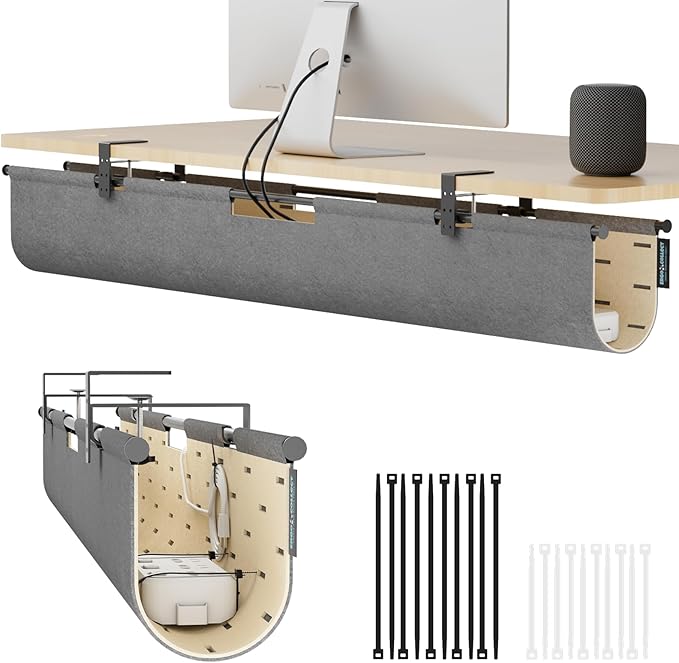 No Drill Under Desk Cable Management Tray, 45.2" Felt Cord Organizer | Convertible Cable Tray & Privacy Panel, Clamp or Screw Mount, Pegboard Wire Management, Dual-Layer Felt, Standing Desk