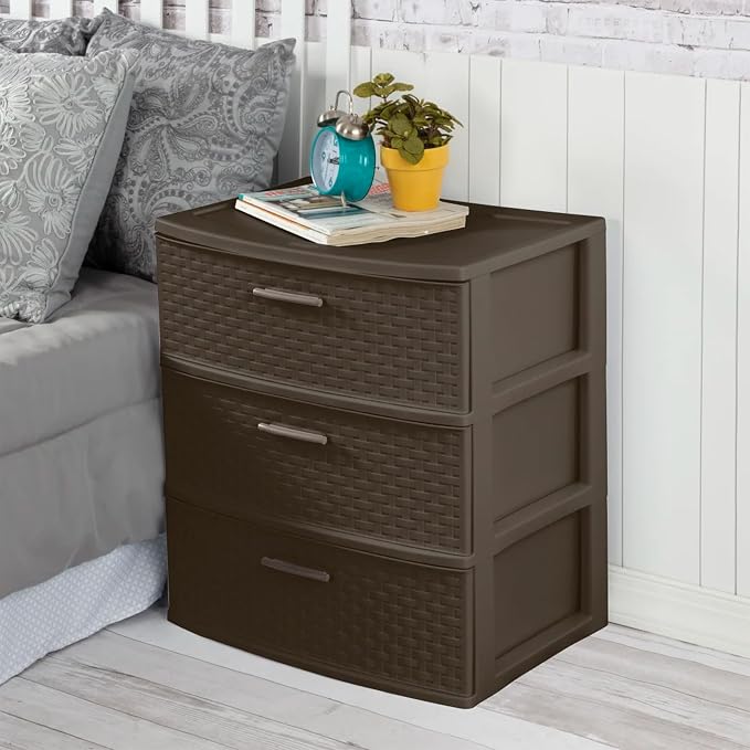 Sterilite 3 Pack 3 Drawer Wide Storage Tower, Weave Organizer, Espresso | Lightweight Opaque Home Storage Container for Bedrooms, Closets, or Bathrooms